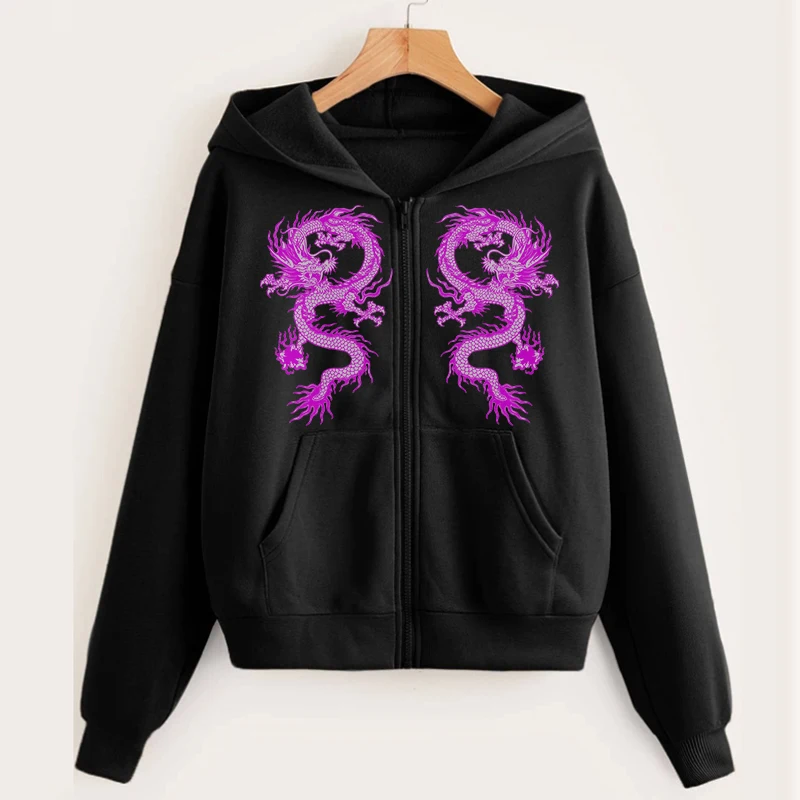 

Y2K Hip Hop Chinese Dragon Zip Up Oversized Sweatshirt 2021 Winter Goth Hoodies Women Grunge Hooded Jacket Streetwear Retro Coat