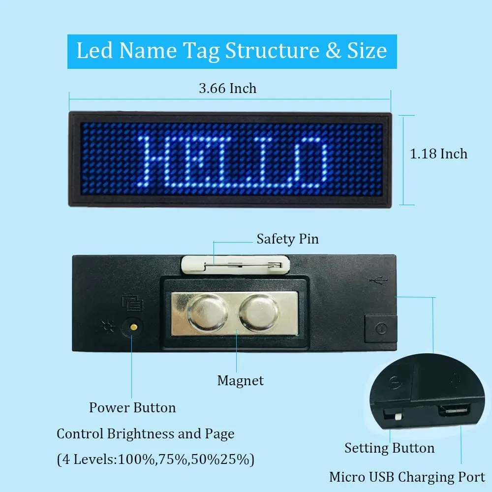 LED Name Tag LED Name Badge Rechargeable LED Business Card Sign with 44x11 Pixel USB Programming Digital Display for  Hotel-Blue