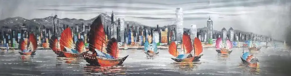 

100%Hand Painted Canvas Oil Painting Abstract Hong Kong Victoria Harbour Canvas Painting Wall Art Picture for Home Decoration