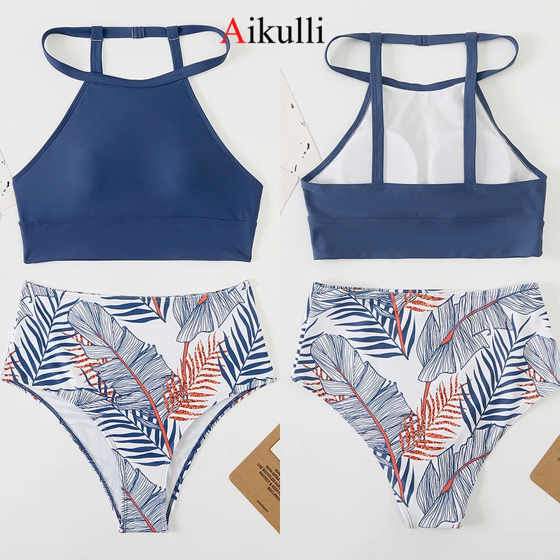 Brown Leaf Print High Waist Bikini Set Swimsuit Women High Neck Tankini Two Pieces Swimwear 2024 Sexy Female Sports Bathing Suit