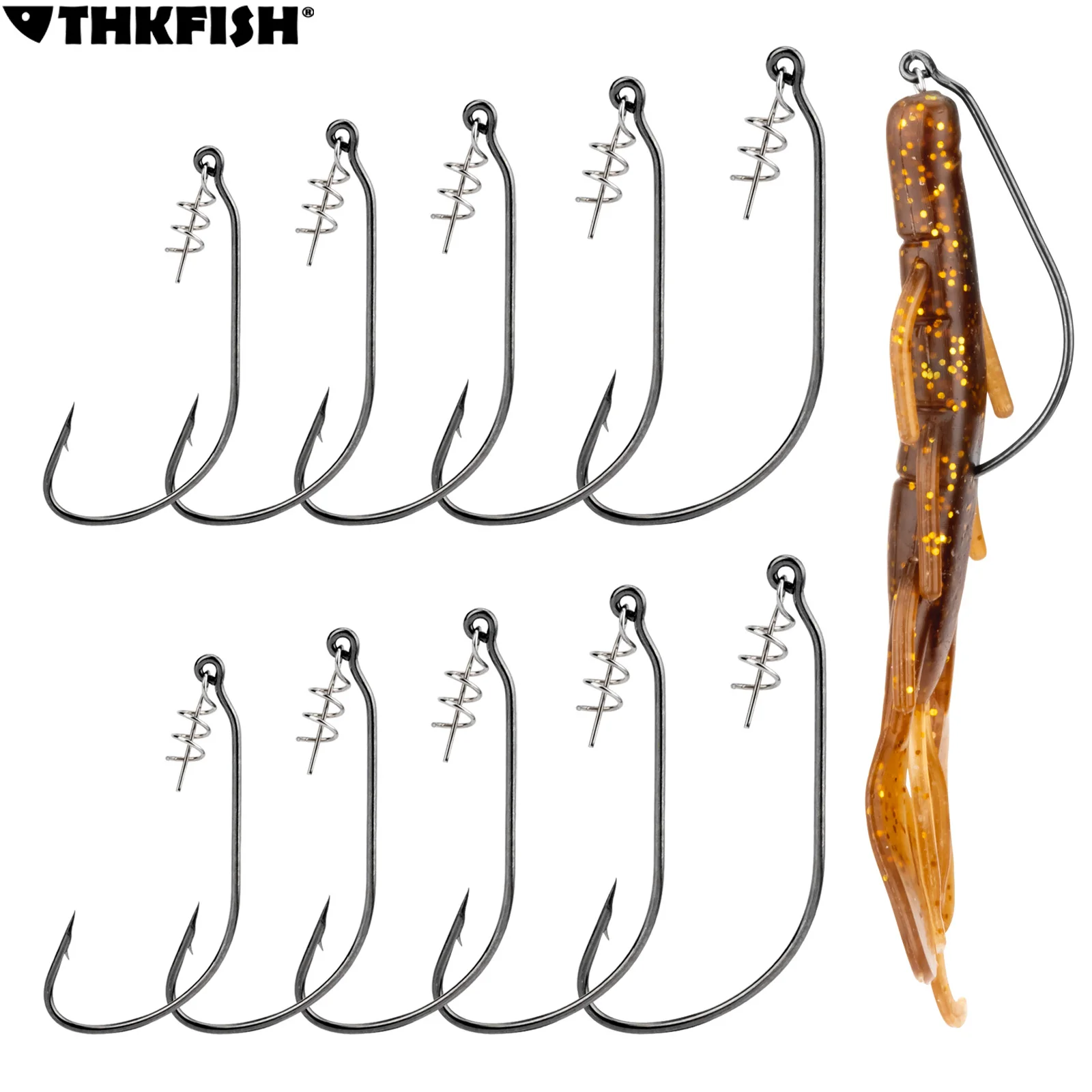 10pcs Barbed Fishing Hooks High-carbon Steel Fishhooks Spring Lock Pin Hook For Soft Worm Fishing Tackle Accessories 1/0#-5/0#