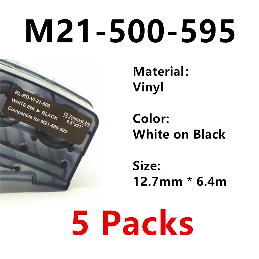 

5Pack M21 500 595 Vinyl Label Ribbon White On Black For BMP21 PLUS BMP21 LAB Printer Label Tape Maker Wire Marking Sleeves