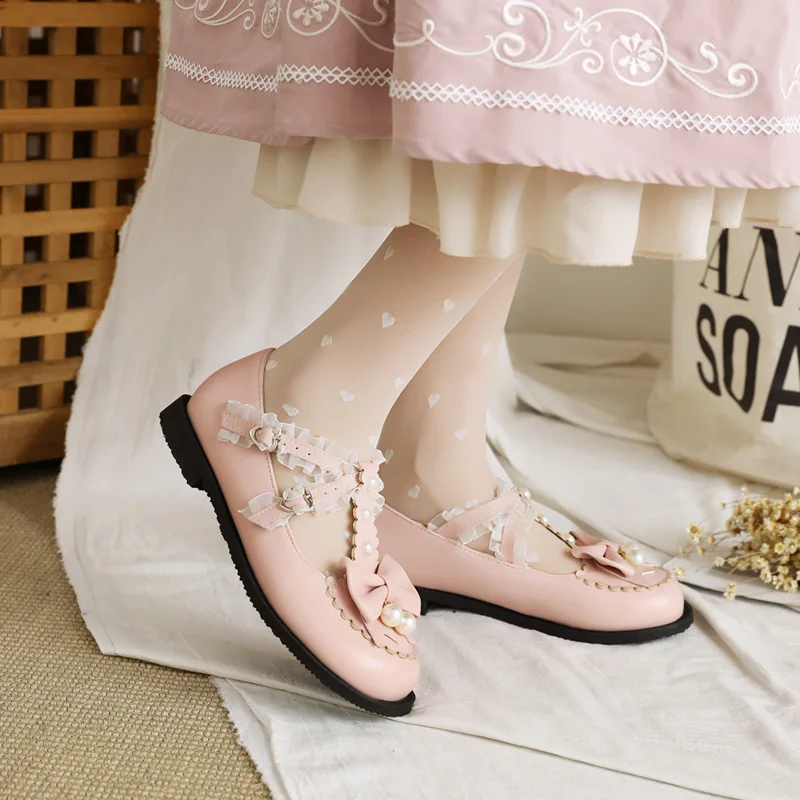 Women Fashion Flats Heel Bow Pearl Buckle Strap Lace Ruffles Round Toe Elegant Cosplay Lolita Mary Janes Shoes Dropshipping