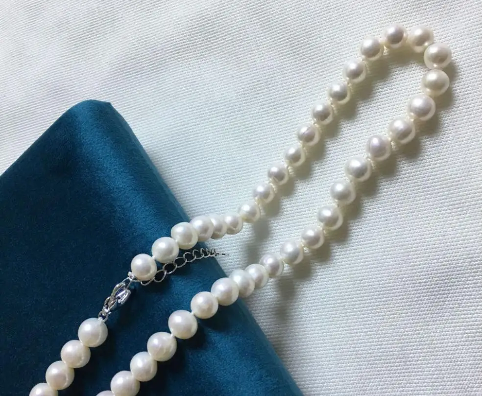 

8x9mm white round pearl necklace heart clasp extend chain natural Freshwater PEARL Women Jewelry 14'' 17'' 35cm 43cm