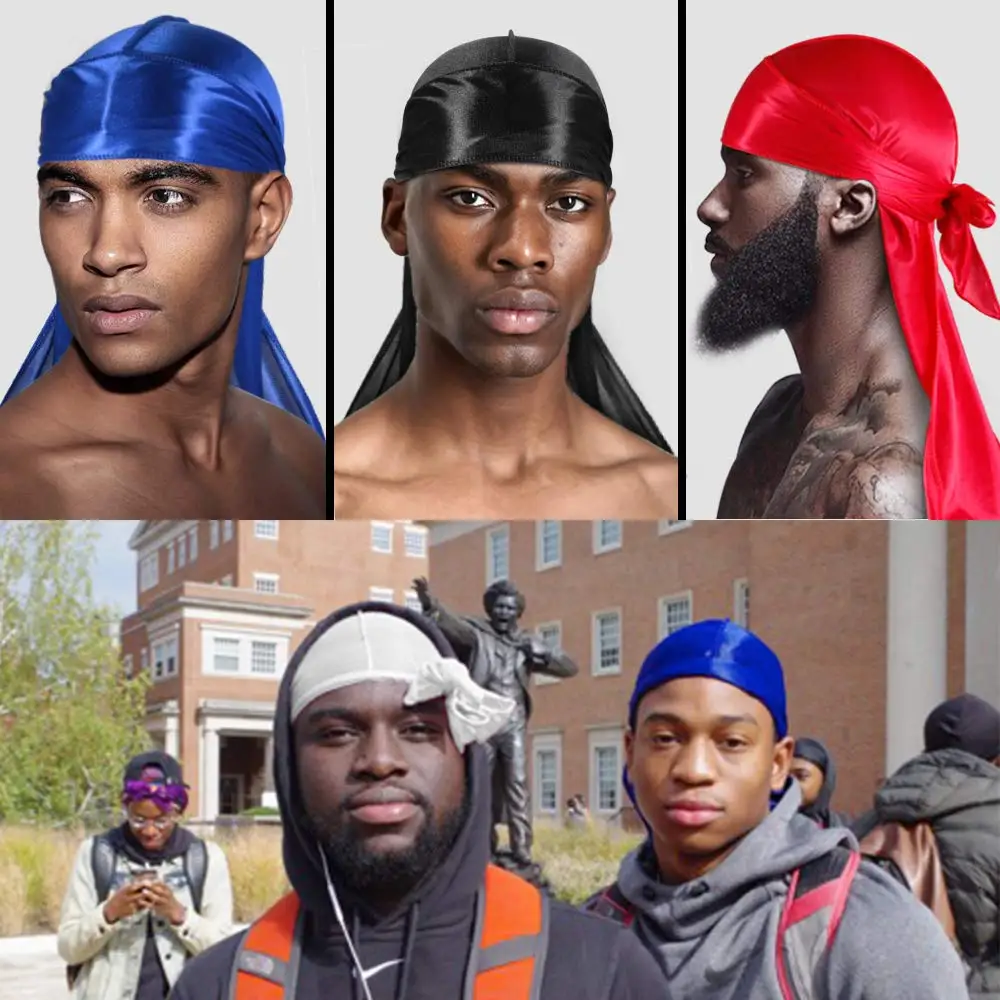 Solid Color Silk Satin Durag Headwear Soft Long Tails Headbands Turban Waves Cap Headwrap Hats Beanie For Men Hair Accessories