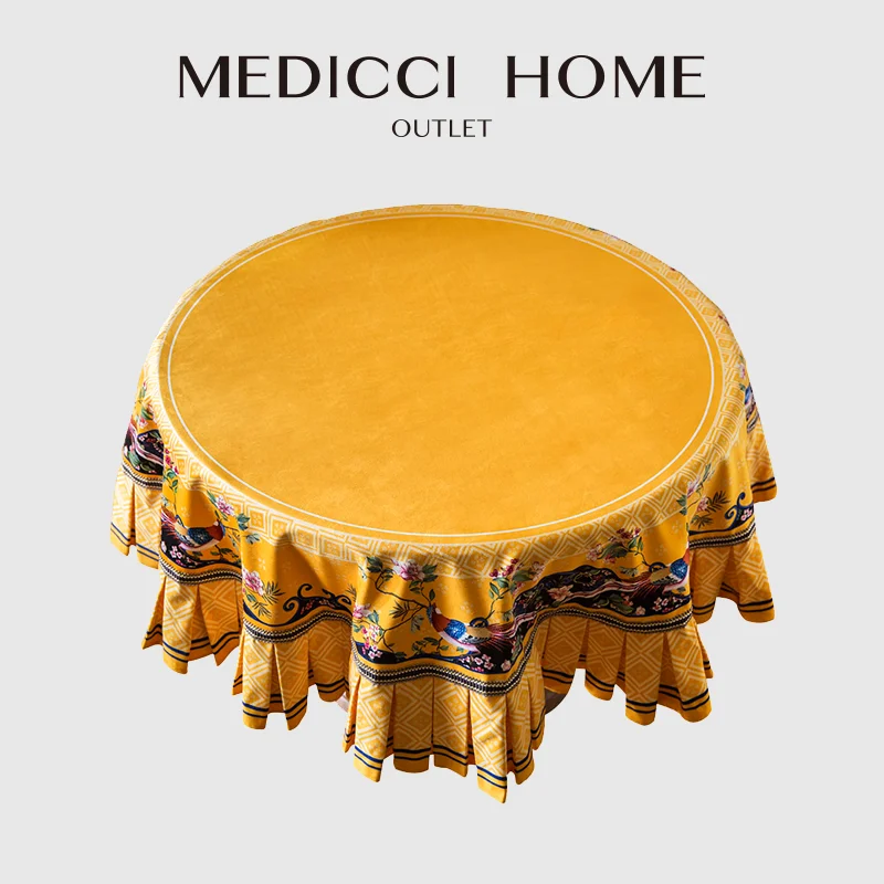 Medicci Home Luxury Velvet Table Cloth Traditional Chinese Pattern Print Retro Yellow Decorative Kitchen Tablecloth Dropshipping