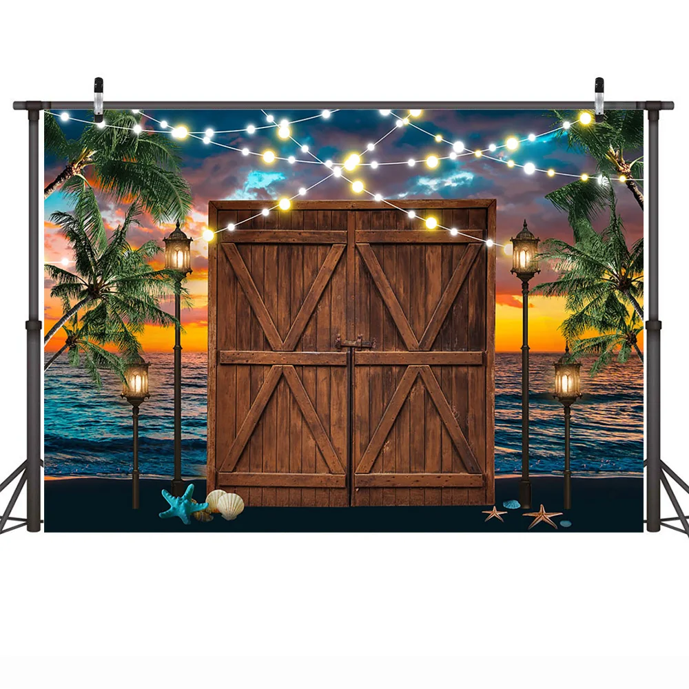 Seaside Sunset Portrait Backdrop Photocall Brown Retro Door Summer Tropical Party Background Sea Beach Light Plam Trees Photo