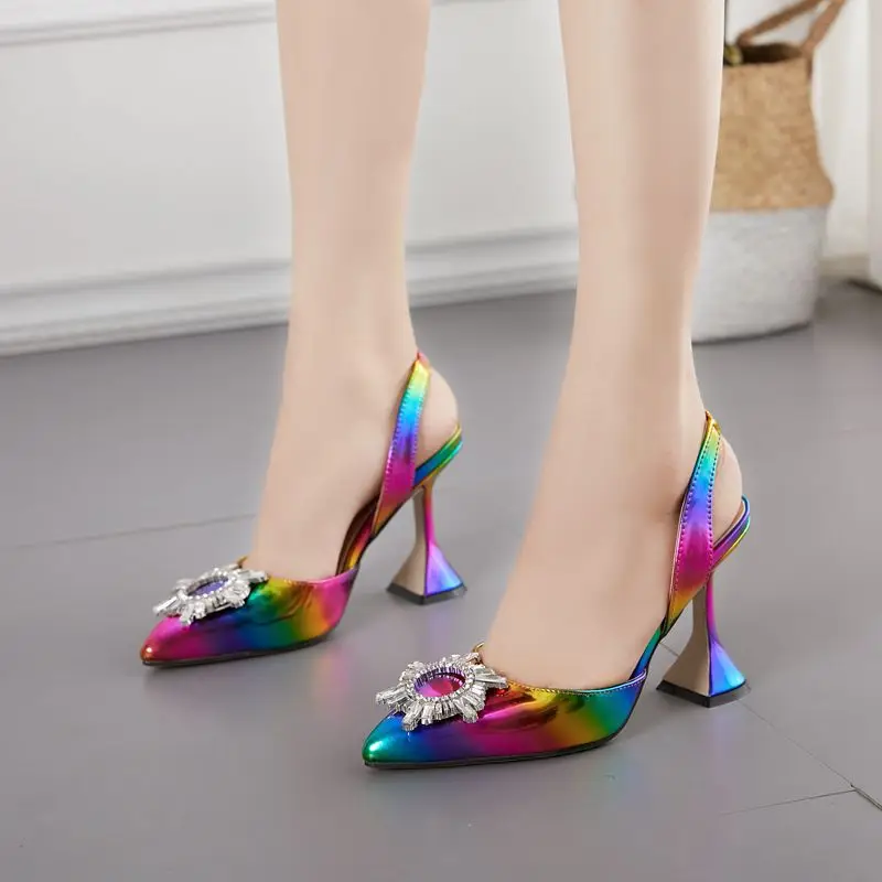 Rainbow Color Women Sandals Pointed Toe Sun Style Rhinestone High Heels Weeding Shoes Spike Heel Slingback Pumps dfv567