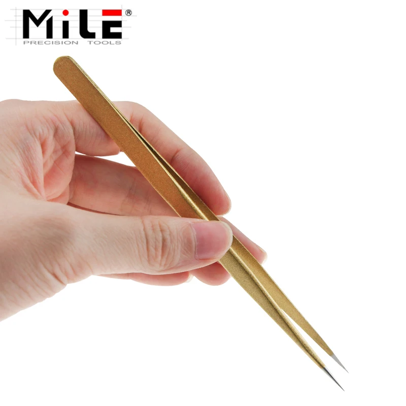 MILE Precision Anti-static140mm Gold Straight Tweezers Stainless Steel Electronic Pointed Tip Straight Tweezer Forceps