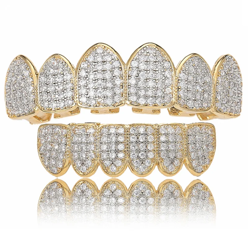 Cubic Zircon Hip Hop Fangs Teeth Grillz Top & Bottom Grills Dental Mouth Punk Teeth Caps Cosplay Party Rapper Jewelry