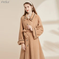 ARTKA 2021 Winter New Women Woolen Coat Elegant Vintage Ribbon Loose Woolen Coats Long Thicken Woolen Outwear With Belt FA20112D