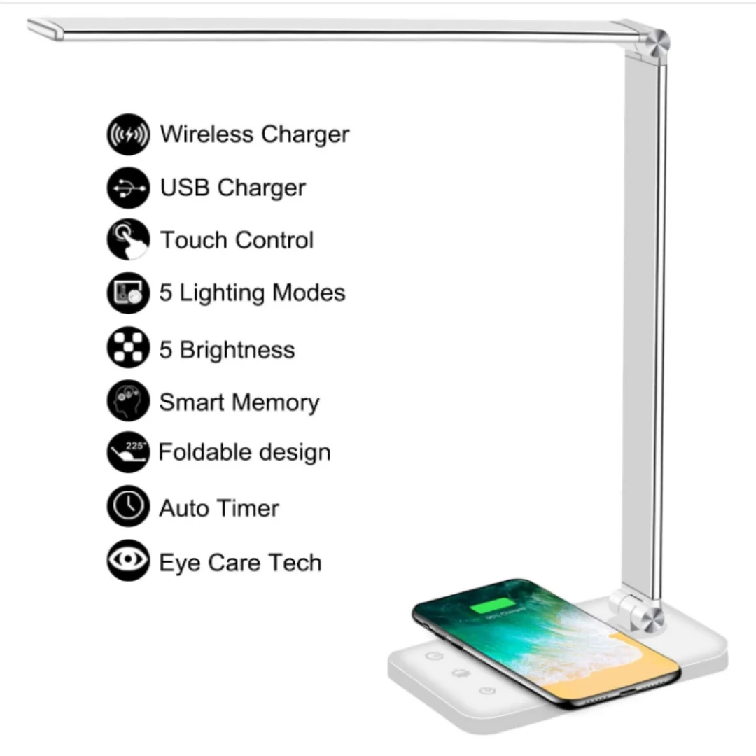 Multifunctional LED Desk Lamp with Wireless Charger, USB Charging Port, 5 Lighting Modes, 5 Brightness Levels, Sensitive Control