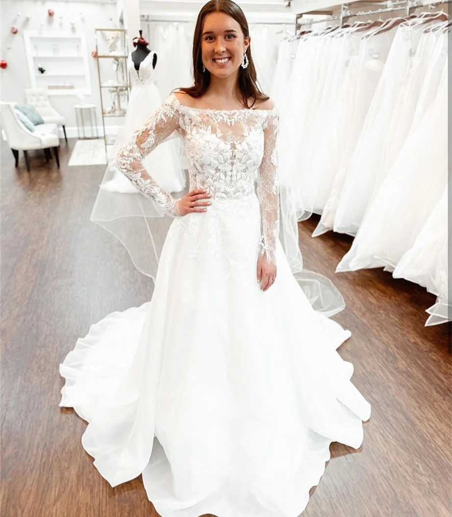 Elegante vestido de casamento a linha barco pescoço manga cheia rendas apliques lantejoulas botão até o chão trem vestido de noiva novo personalizado