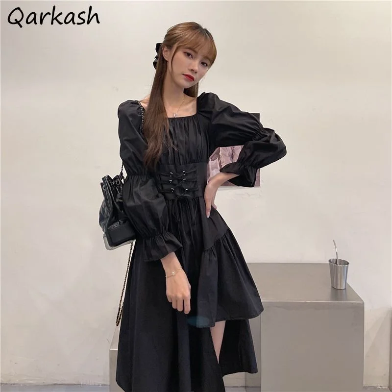 

Black Dresses Women Long Sleeve Asymmetrical Design Shirring Fashion Square Collar Korean Streetwear Mujer Vestido Party