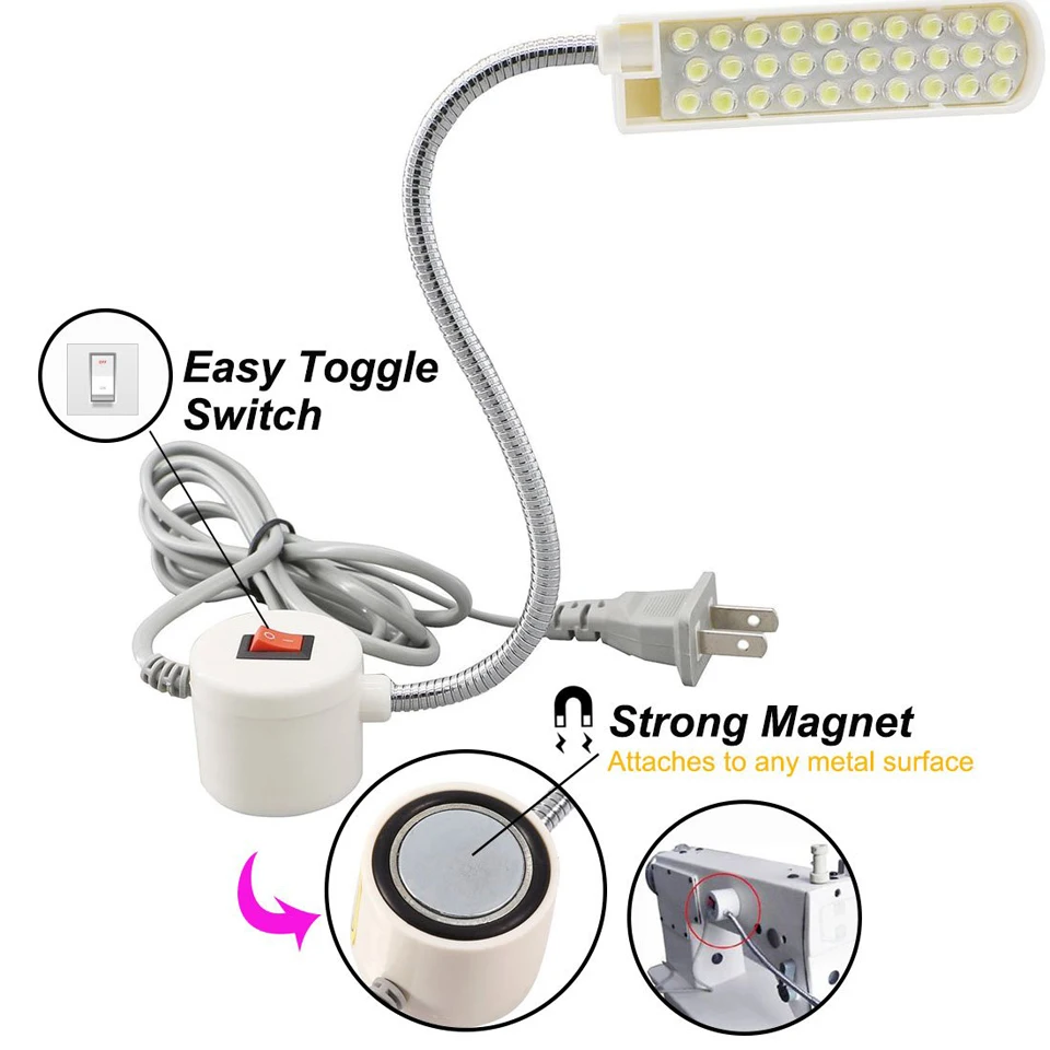 Lampu Mesin Jahit Lampu LED Putih Dingin dengan Lampu Kerja Lengan Leher Angsa Magnetik Sakelar untuk Semua Meja Kerja Mesin Bubut Bor Tekan