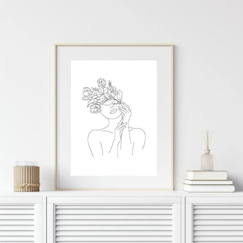 Naked Woman Head Of Flowers Art Print Single Line Sketch Female Body Poster Minimal Line Art Canvas Painting Picture Home Decor