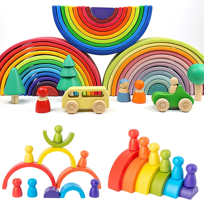 

Multi-Play Wooden Rainbow Arched Building Block Villain Combination Montessori Creative Construct Early Educational Kid Toy Gift