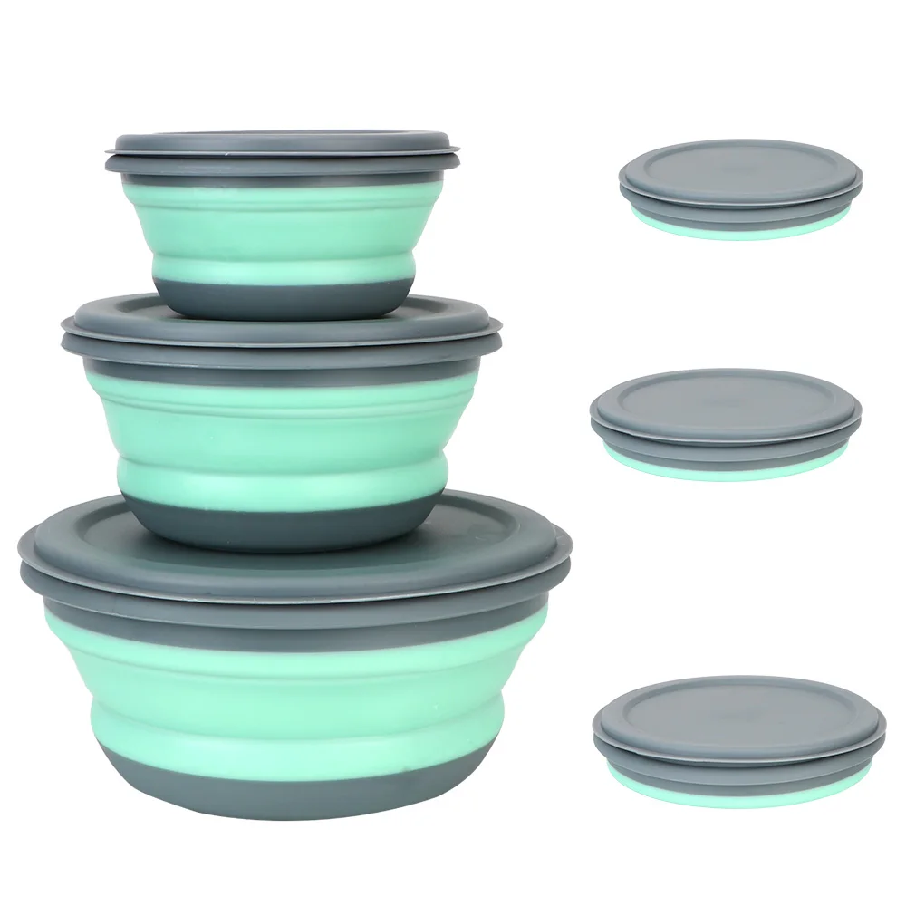 Louça de Silicone Dobrável Conjunto com Tampa, Saladeira Portátil, Lancheira Dobrável, Conjuntos De Tigela, 3 Pçs/set