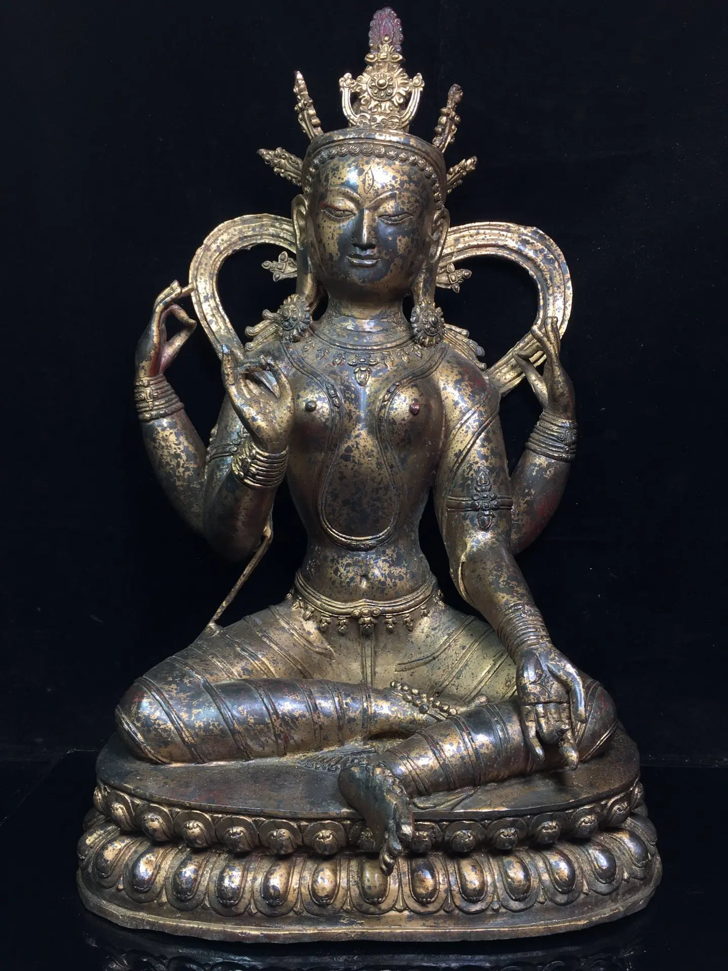 

21"Tibetan Temple Collection Old Bronze Cinnabar Lacquer Twenty-one Tara Seven Eyes Tara Lotus Terrace Enshrine the Buddha