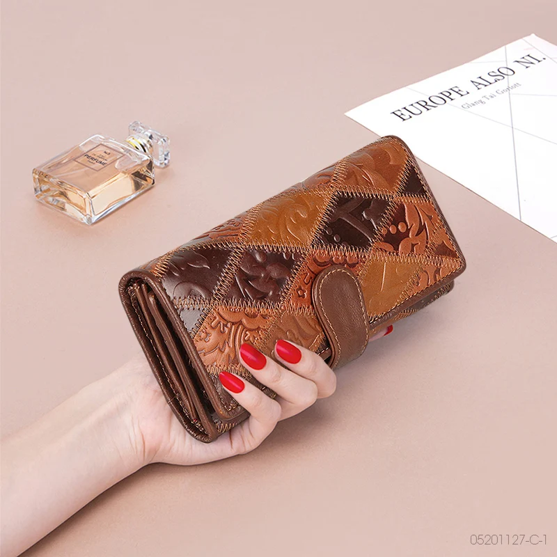 

New Genuine Leather Purse Coin Long Wallet For Women Fashion Lady Luxury Phone Money Bags Patchwork Vintage Female Print Clutch