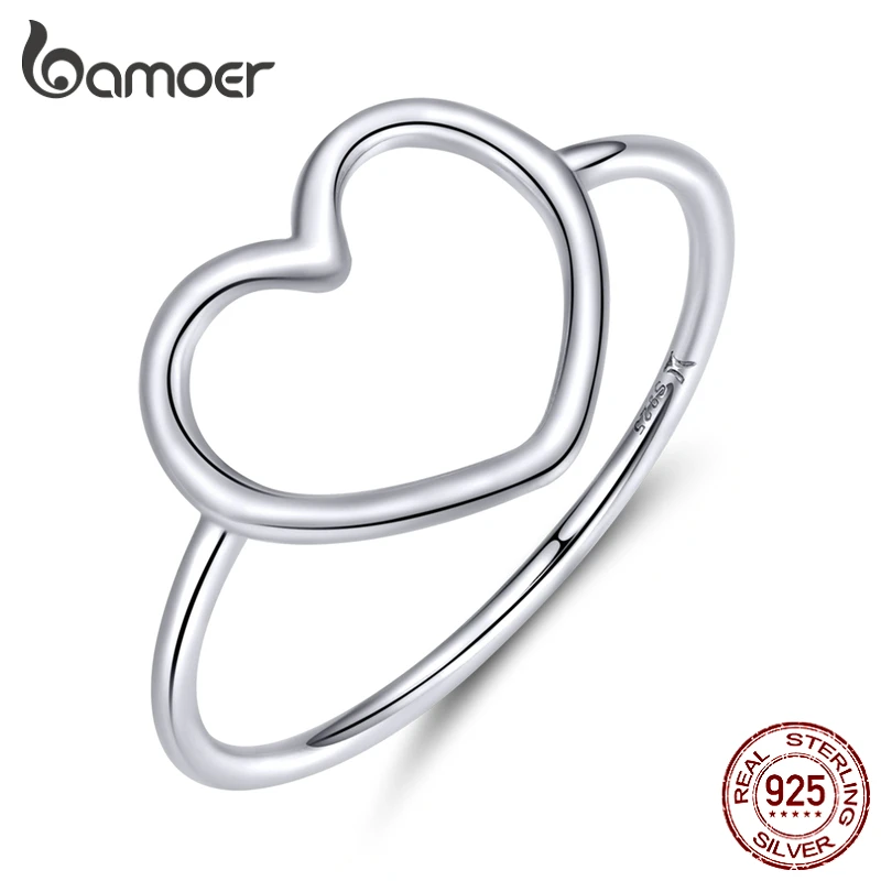 BAMOER 925 Sterling Silver Minimalist Heart Finger Rings for Women Wedding Engagement Statement Fashion Jewelry 4 Colors SCR641