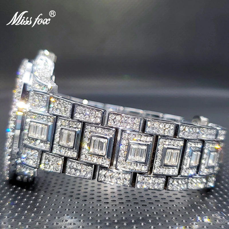 MISSFOX-Relógio Masculino Ice Out Diamond, Multifunções, Data do Dia, Ajustar Calendário, Relógios de Quartzo, Luxo, Dropshipping