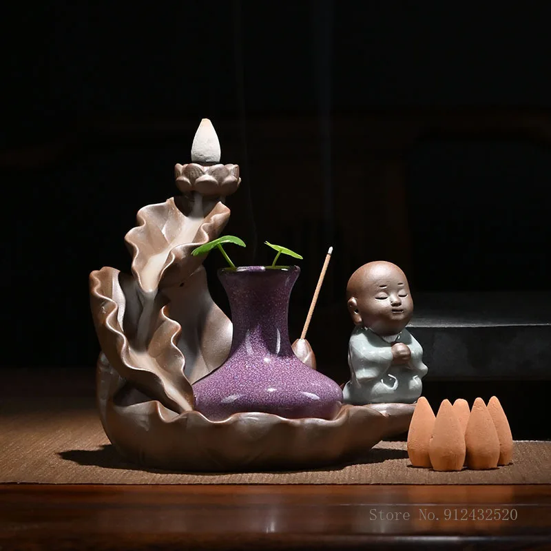 Zisha Backflow Incense Burner, New Chinese Zen Little Monk Household Incense Insert Ornaments, Vase, Home Decor