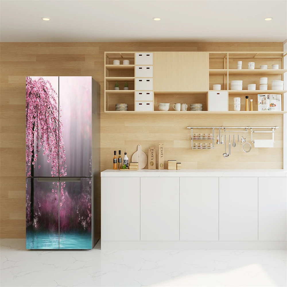 Kitchen Fridge Sticker Vinyl Refrigerator Wallpaper Full Covers Self-adhesive Lotus Flower Mural Freezer Film Decor Poster Decal