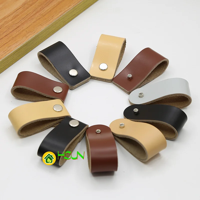 2 pcs Nordic cupboard door handle leather handle cupboard drawer single hole pure copper leather handle