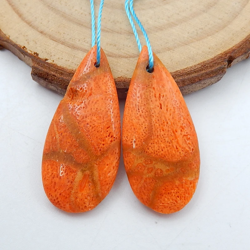 Natural Stone Orange Coral Semiprecious Earrings,Women Earrings For Fine Jewelry Making,28x13x4mm, 3.2g