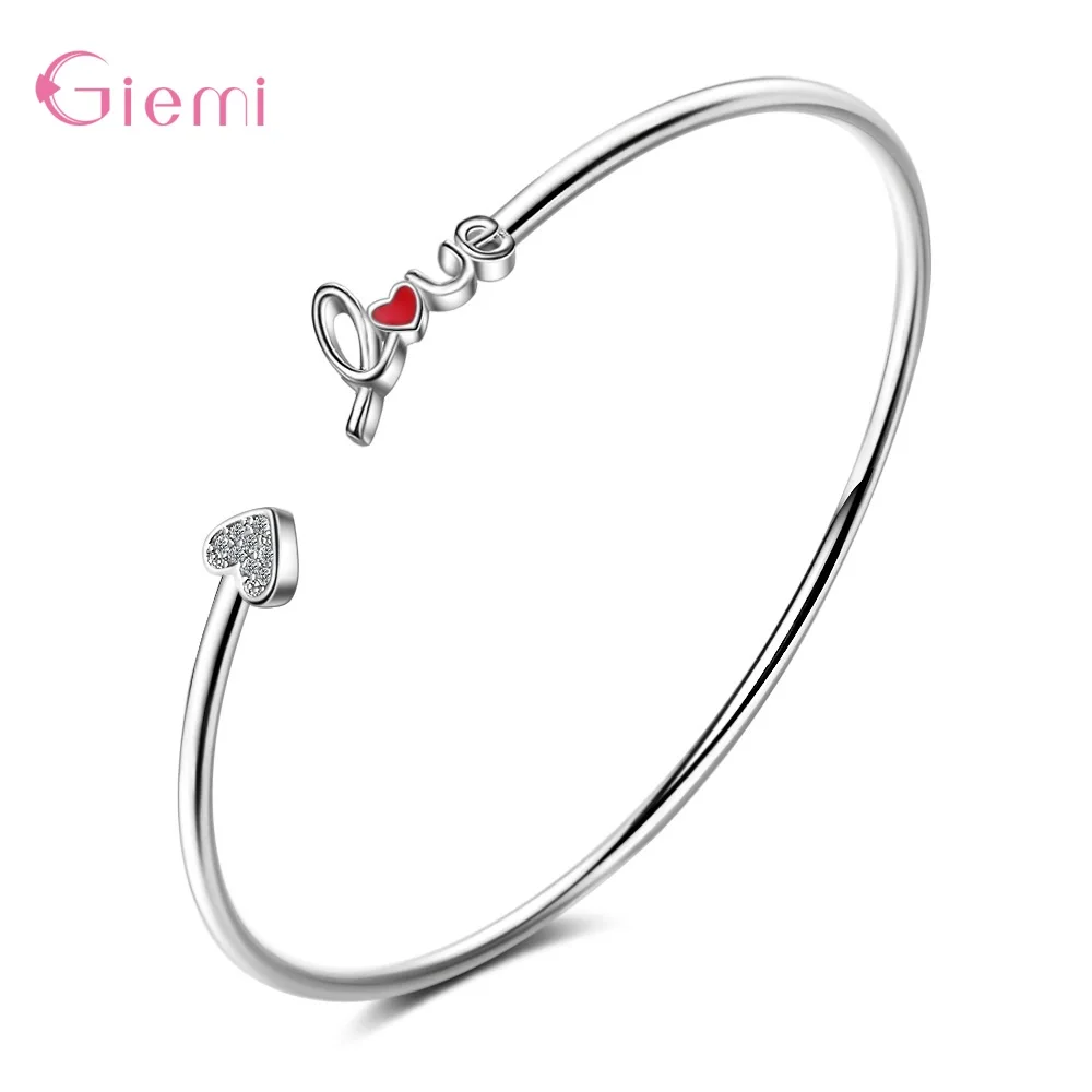 Genuine 100% 925 Silver  Women Fashion Love Heart Pattern Female Bangles & Bracelets Fine Silver  Jewelry