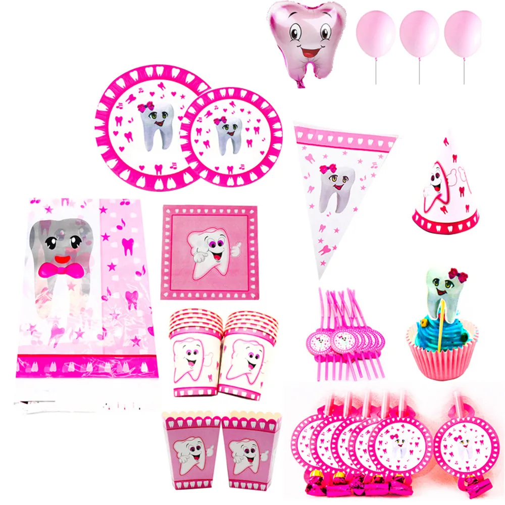 Pink Teeth Theme Disposable Tableware Girl's First Tooth Birthday Party Decorations Disposable Plates Napkins Cups Banners