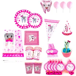 Pink Teeth Theme Disposable Tableware Girl's First Tooth Birthday Party Decorations Disposable Plates Napkins Cups Banners