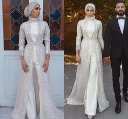 Modest Jumpsuit Muslim evneing dresses with Coat High Collar Long Sleeve Sequin Jacket Dubai Abaya Kaftan bridal Gown pant suit