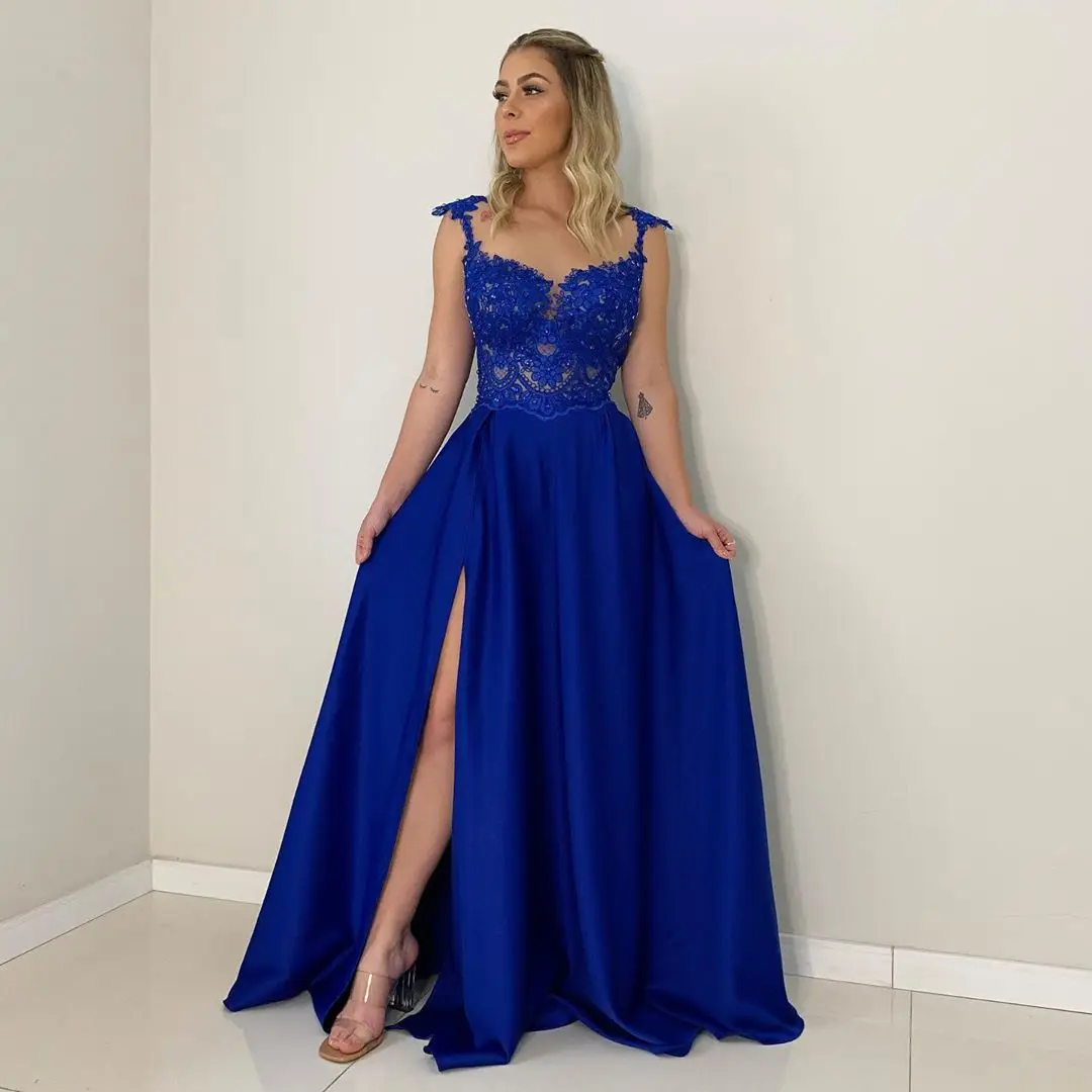 Royal Blue Satin Formele Avondjurken Side Slit Scoop Sheer Applicaties Lace Prom Partij Jassen Vestidos De Fiesta Formales