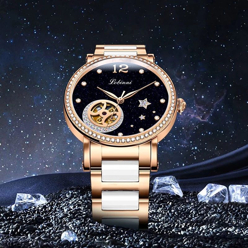 LOBINNI Women's Automatic Mechanical Watch Luxury Switzerland Brand Sapphire Waterproof Dual Skeleton Diamond Ceramic L2061-1