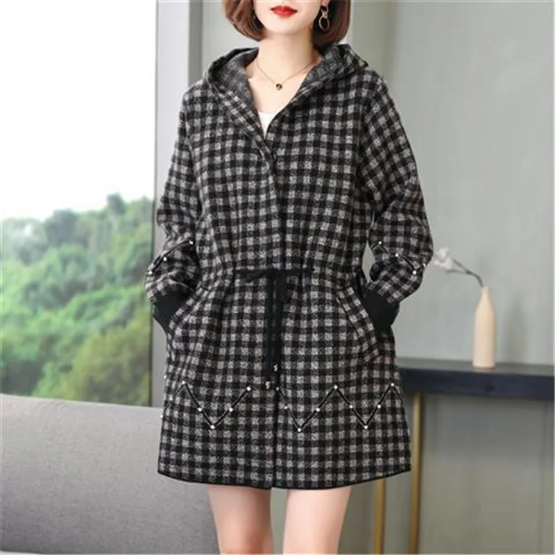 2024 Fall/Winter Double-Faced Cashmere Jacket Women\'s Loose Coat 6XL Woolen Mid-Length Hooded Plaid Outwear Female Top