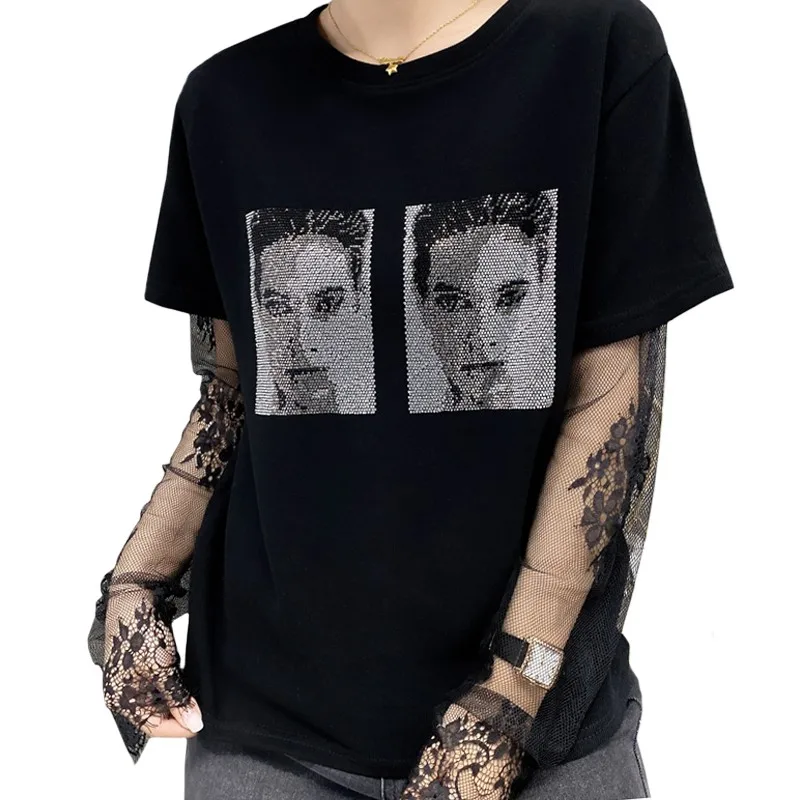 

Summer All Cotton Stitching Lace Sexy Long Sleeves Women T Shirt Hot Drilling Character Avatar Fake Two Tees Black Tops Female