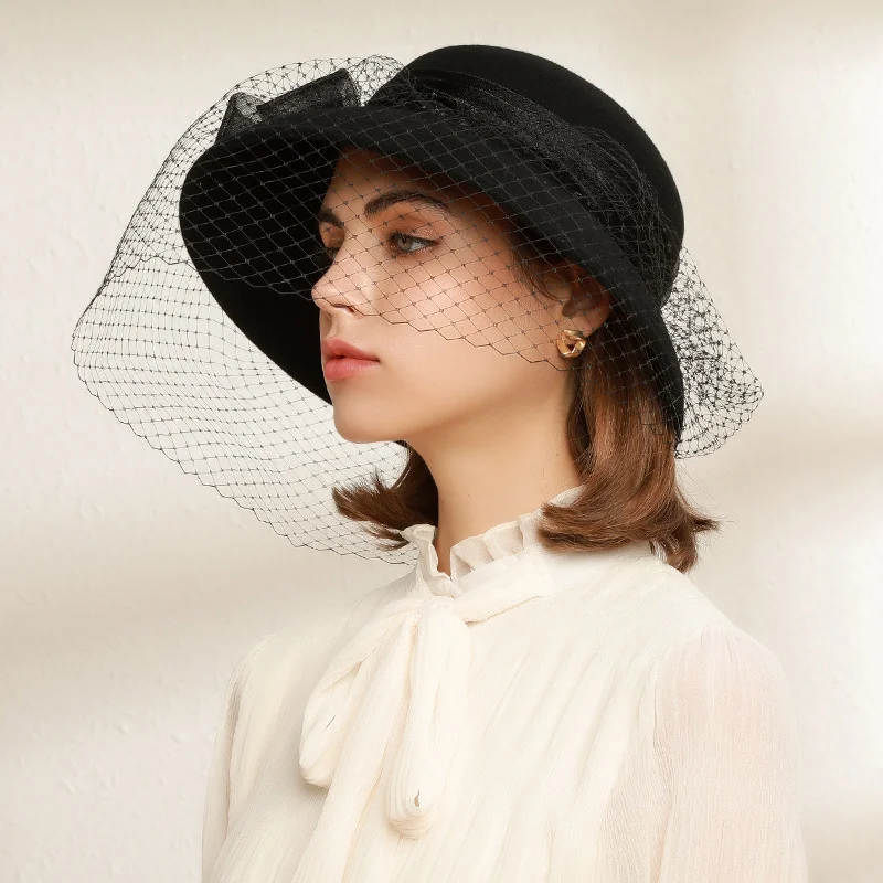 French Retro Wool Felt Bucket Hats Women Winter Bow Gauze Sunscreen Fashion Panama Cap Sunbonnet Fedora Hat Clothing Accessories