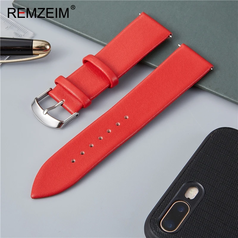 REMZEIM Genuine Leather Watch Strap 16 18 20 22mm Red White Brown Black Calfskin Leather Watchband Watch Accessories Wristband