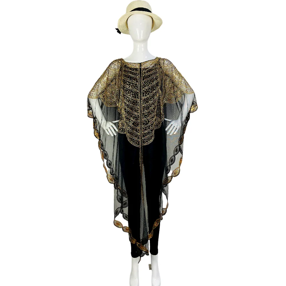 Vestido de chal de manga de murciélago de encaje negro para mujer, temperamento de viaje, cobertura, estampado hueco, lentejuelas, suelto, elegante, africano, verano 2023