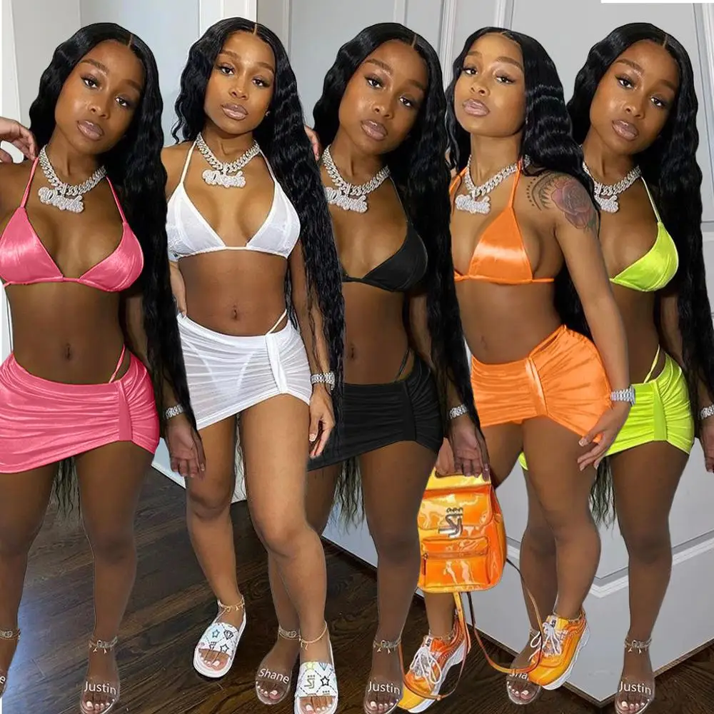 

SKMY Fashion Sexy Spring Summer Clothes Bikini Halter Neck Lace-Up Bra And Panty Skirts Solid Color Swimwear Women 3 Piece Set