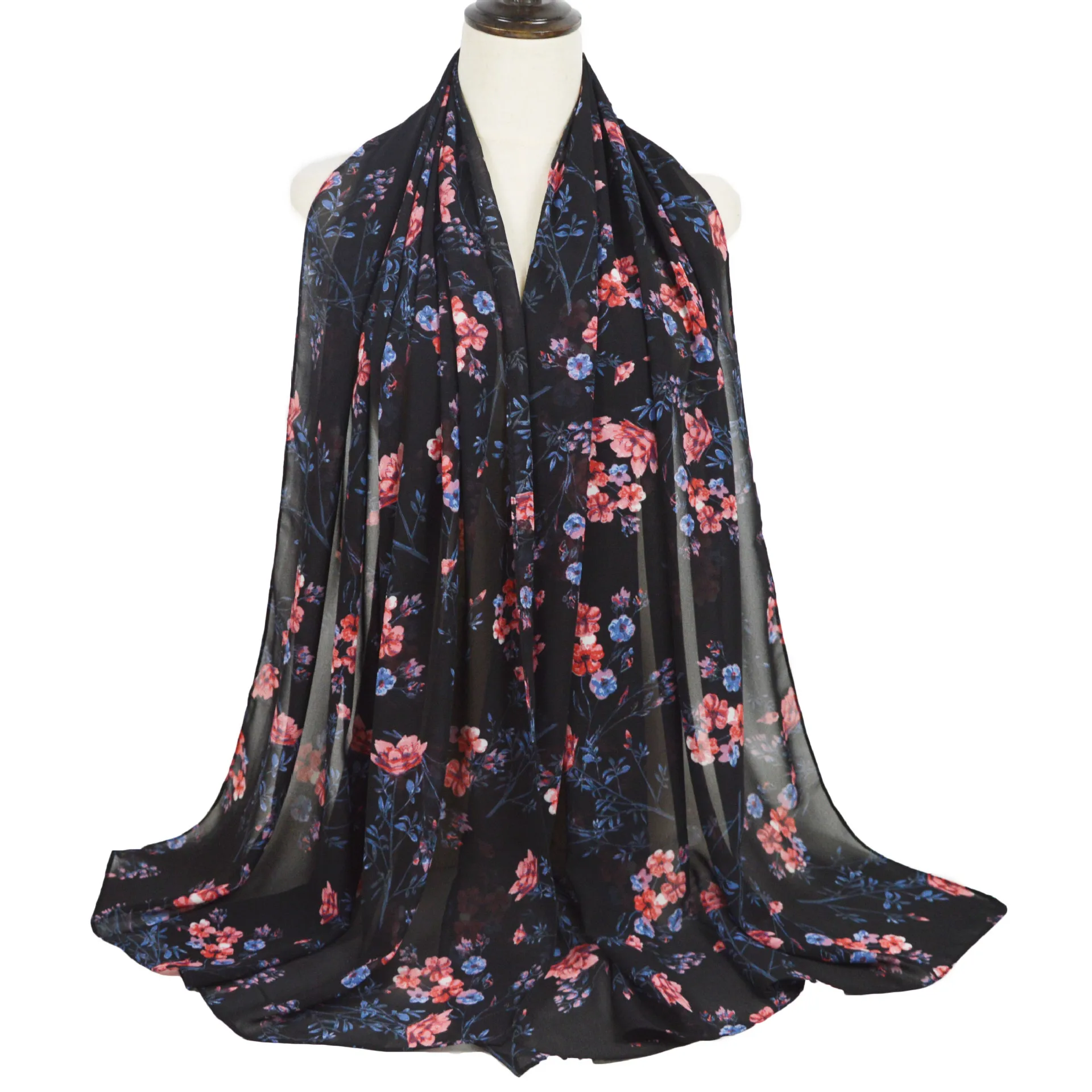 Chiffon Floral Polyester Chiffon Scarf For Women Fashion Soft Hijab Long Shawl Wrap Country Style Lightweight Scarves