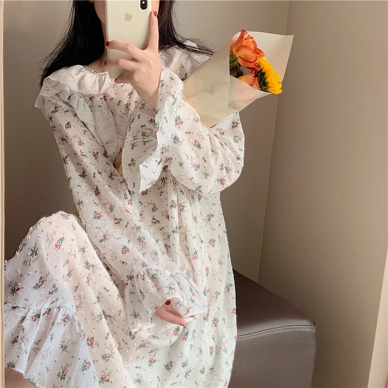 Autunm Women Loose Cotton Linen Sleepdress Lace Ruffles Nightdress Chic Girls Spring Sweet Long Sleeve Floral Printed Nightgown