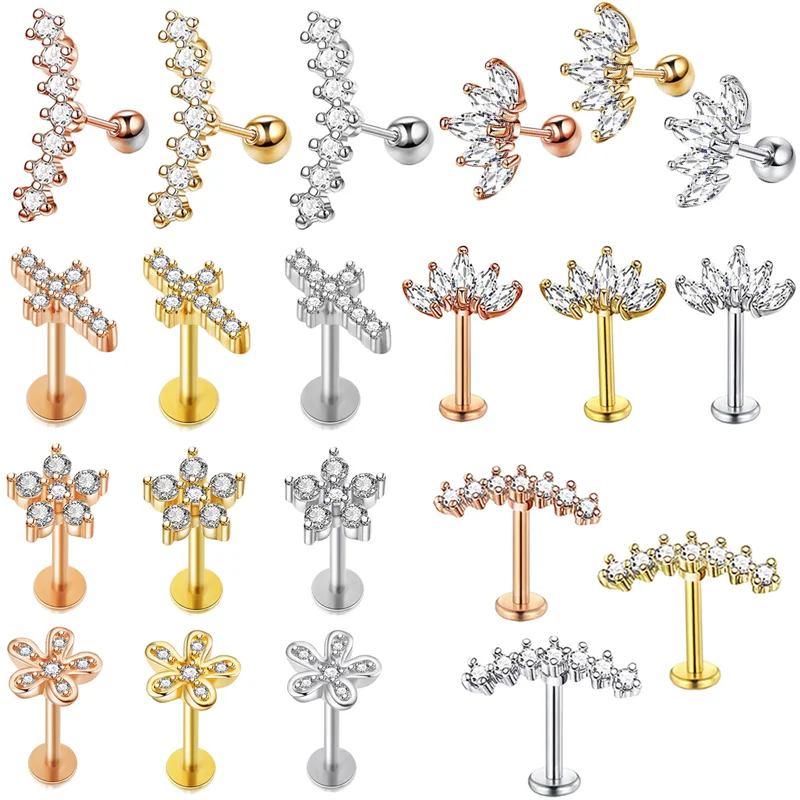 Kristall Blume Tragus Piercing Ohrring Flache 16G Kreuz Knorpel Piercing Stud Helix Schmuck Conch Rook Lappen Ohrring Labret Stud – Detail 1