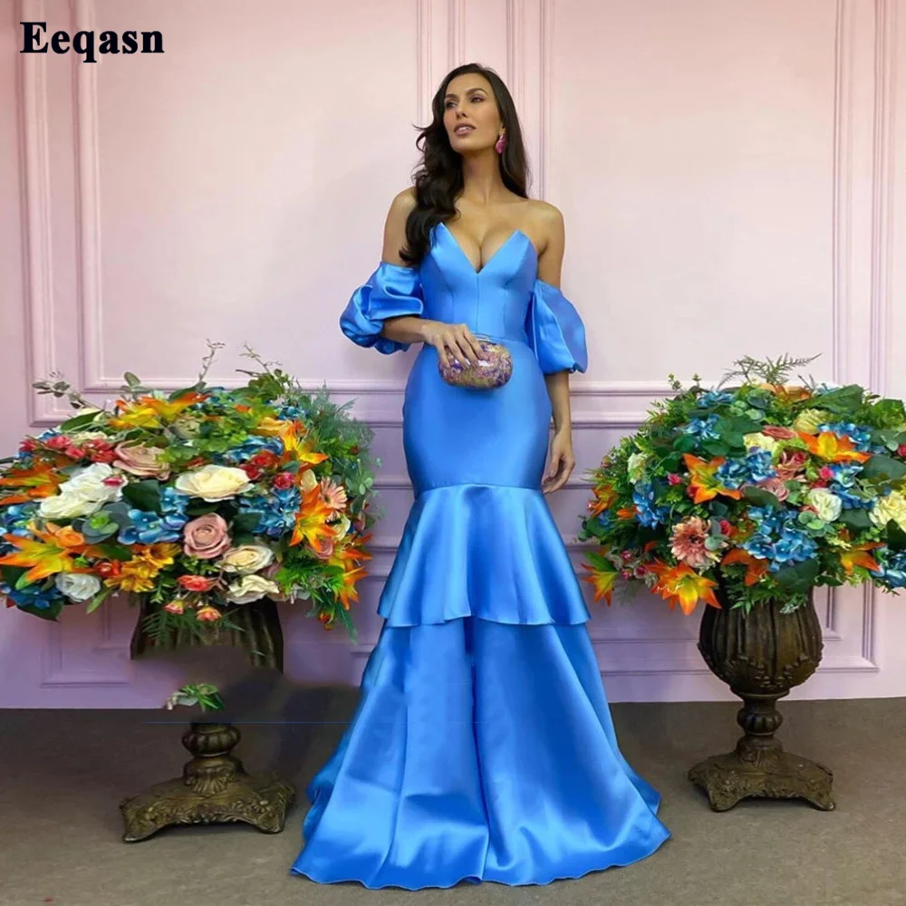 

Eeqasn Blue Satin Mermaid Evening Dress Removable Short Puff Sleeves Tiered Skirt Long Prom Gowns Sweethear Event Formal Dress