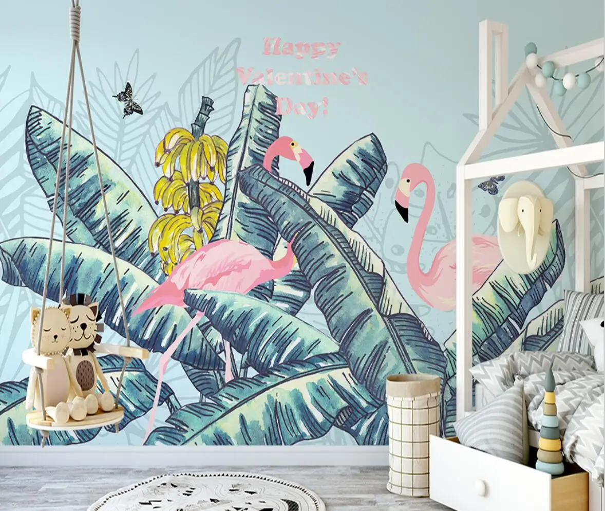 

Индивидуальные обои с изображением банановых листьев и фламинго, 3D-обои для фоновой стены за диваном или телевизором, декор для дома, гостиной, спальни, растения тропического леса