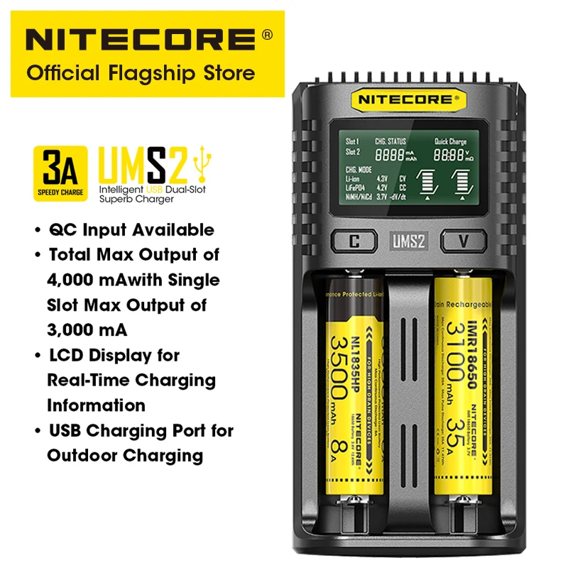 NITECORE UMS2 Intelligent USB Dual-slot Battery Charger QC Fast Charging Plug for IMR Li-ion LiFePO4 Rechargeable Batteries