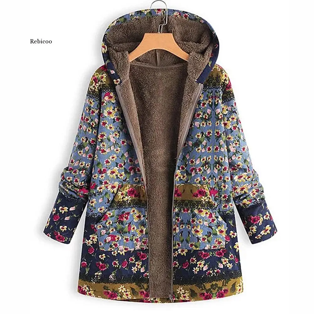 Leaves Floral Print Warm Coat Women Winter Long Sleeve Hooded Jacket Fluffy Fur Fleece Cozy Zipper Outwear S-5XL