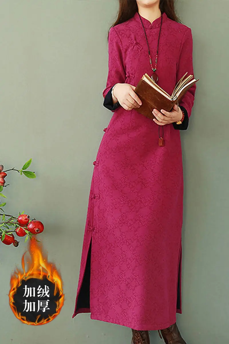 Chinese Retro Disc Button Plus Velvet Cheongsam Dress Women Winter Thick Jacquard Cotton And Linen Dres Long Female Robes M168x